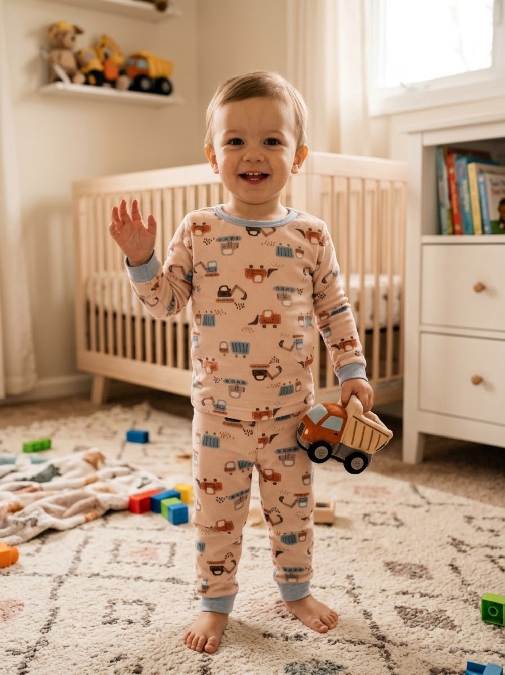 🎉 (2T) Rugged Bear Toddler Boys Construction Vehicles Velour Pj Set